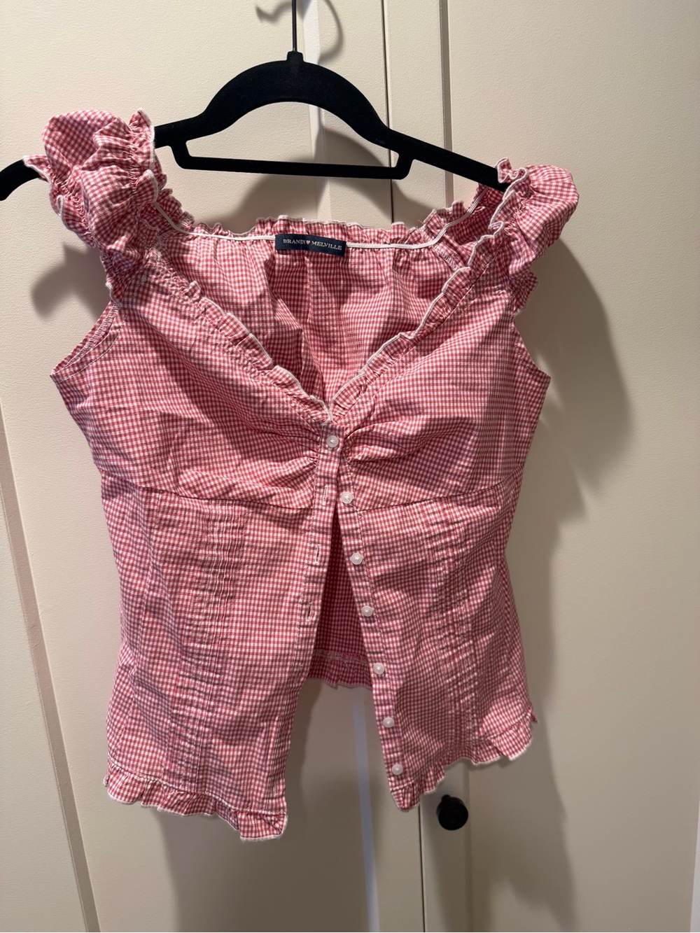 Brandy Melville Pink Gingham Ruffle-Trim Button Front Tank